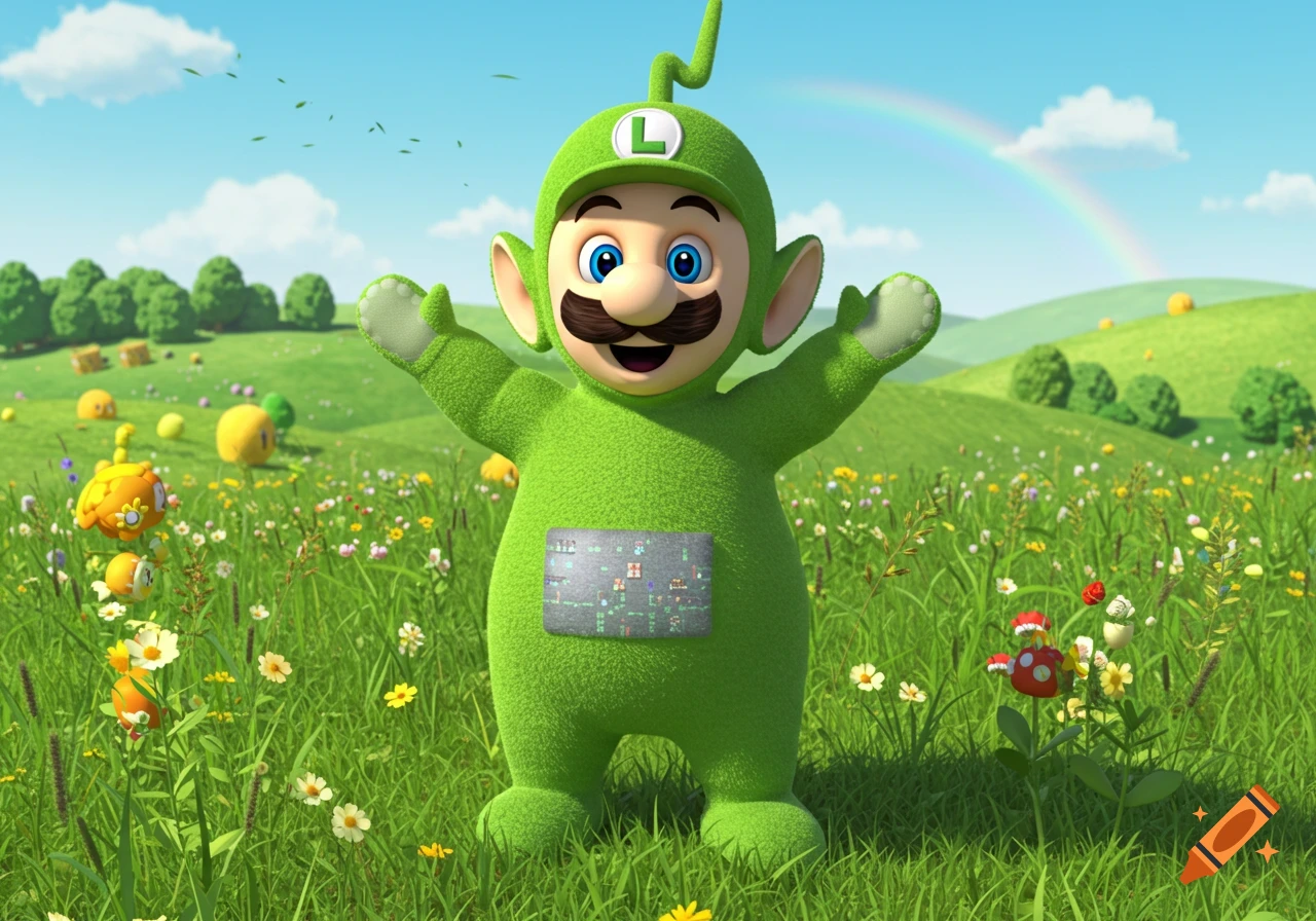 A green Teletubby with Luigi's face, mustache, and an L on its hat, stands in a vibrant green field with a rainbow in the sky.