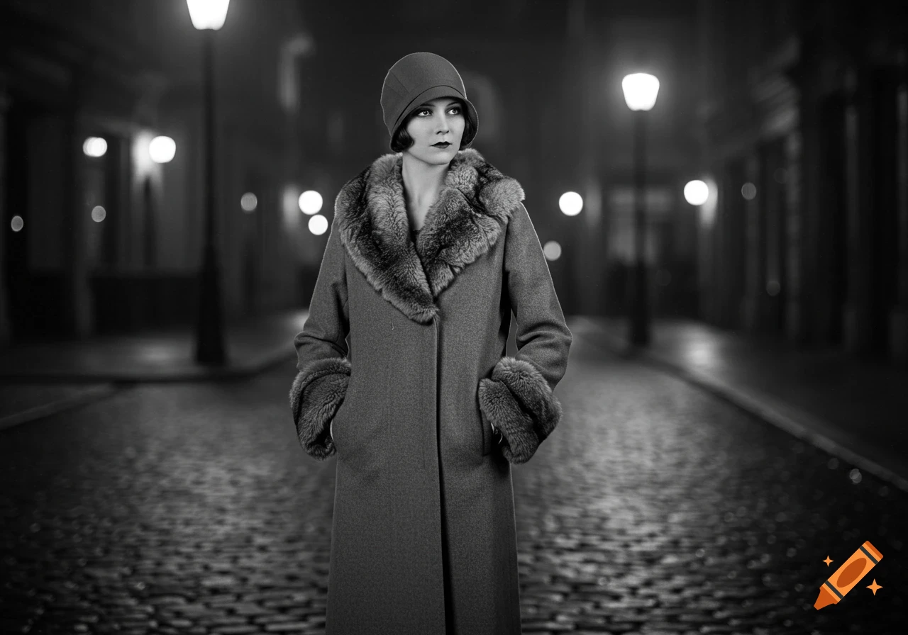 Black and white photo of a woman in a fur-collared coat and cloche hat on a cobblestone street at night.