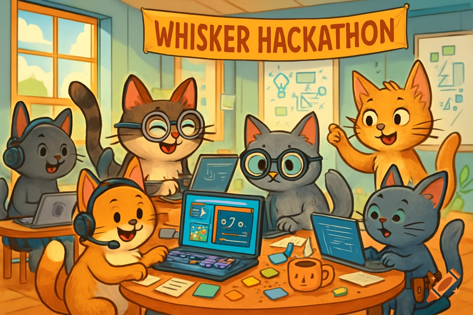 Cartoon cats working on laptops at a table, with a banner above reading "WHISKER HACKATHON" in a classroom setting.