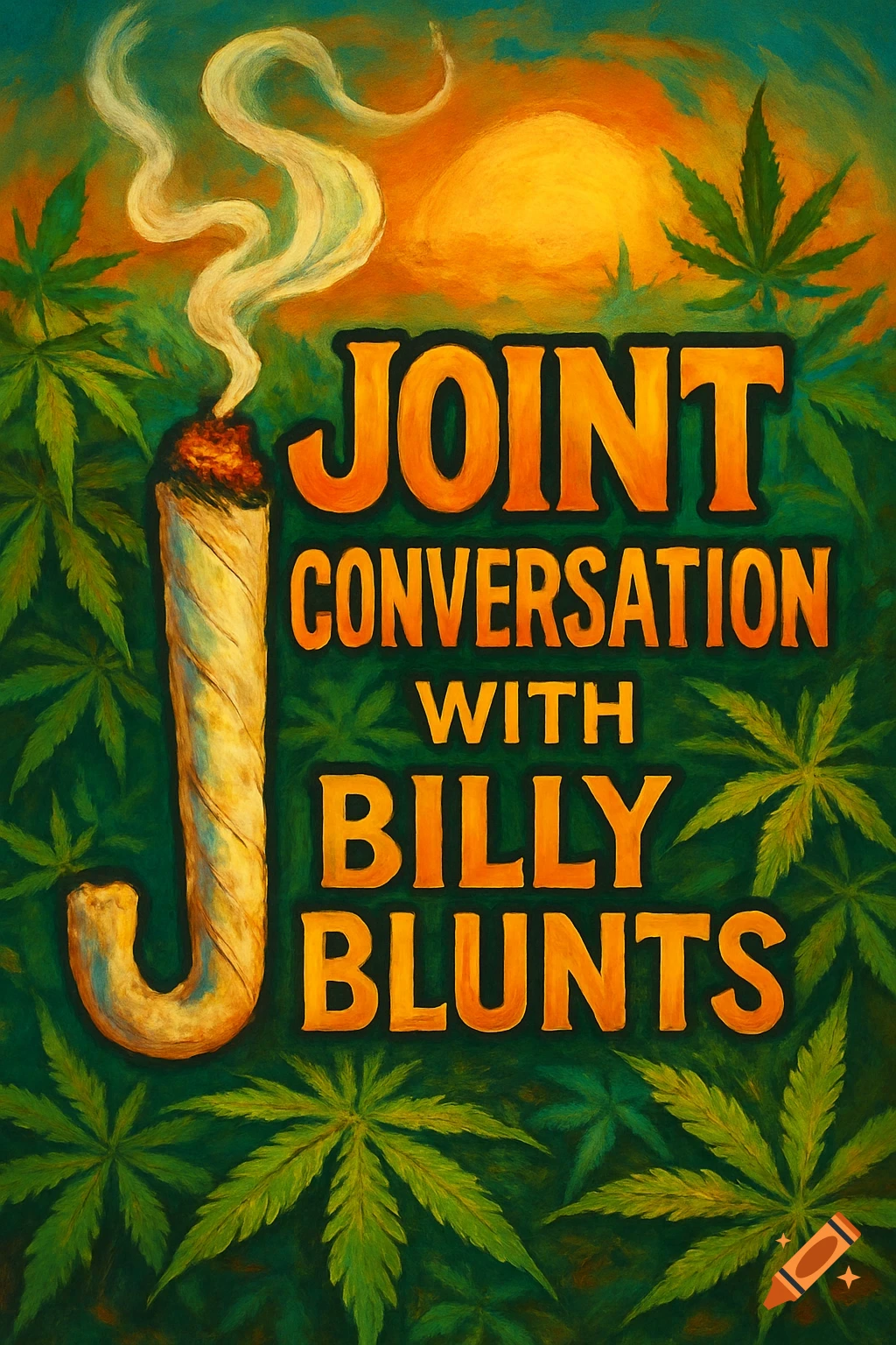 A painted image featuring a smoking joint shaped like a 'J' surrounded by cannabis leaves with a sunset background. The text reads 'JOINT CONVERSATION WITH BILLY BLUNTS'.