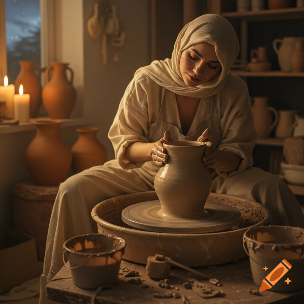 A woman in traditional clothing intently shapes a clay pot on a pottery wheel in a warm, dimly lit studio filled with vessels.