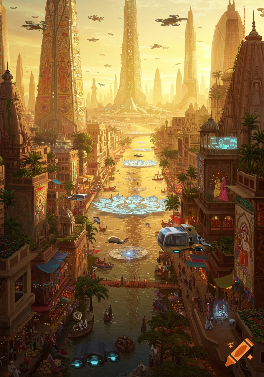 A vibrant, futuristic city inspired by Indian architecture, with tall golden spires and buildings lining a canal filled with boats and glowing lotus patterns, under a hazy yellow sky with flying vehicles.