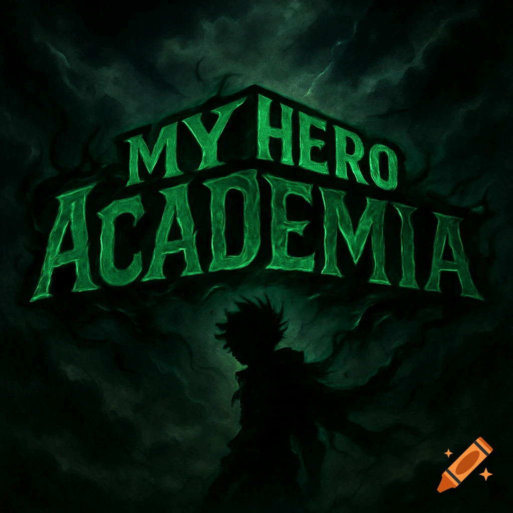 The My Hero Academia logo in glowing green text over a dark, smoky background, with a silhouetted character below.