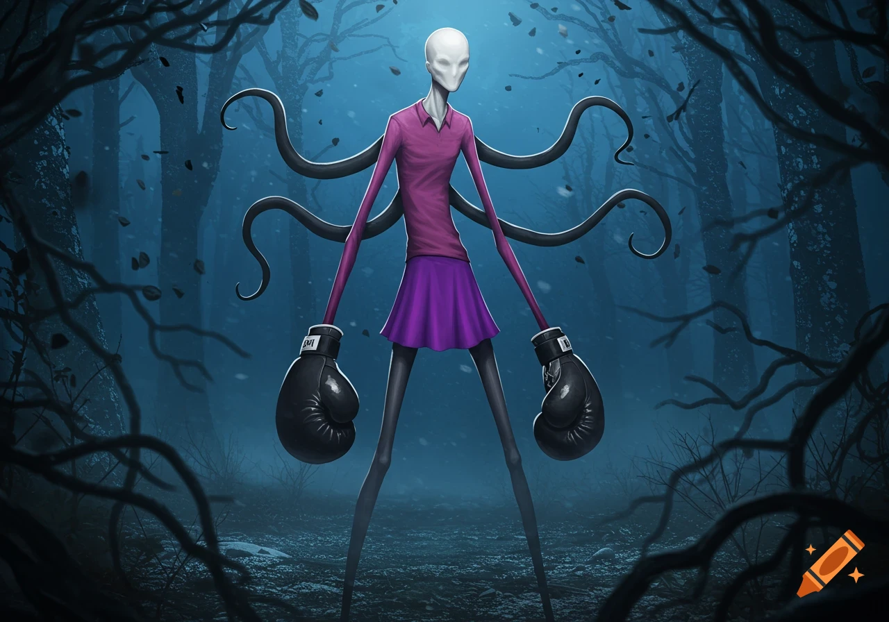 A stylized illustration of Slenderman wearing a pink shirt, purple skirt, and boxing gloves, standing in a dark, misty forest.