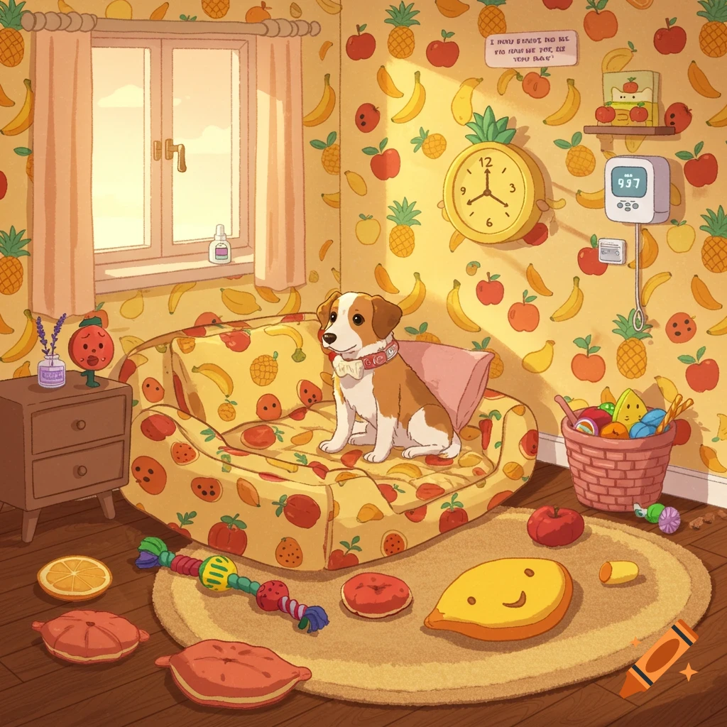 A small dog sits on a fruit-patterned dog bed in a whimsical, fruit-themed room. Sun shines through a window, and toys are scattered on the floor.