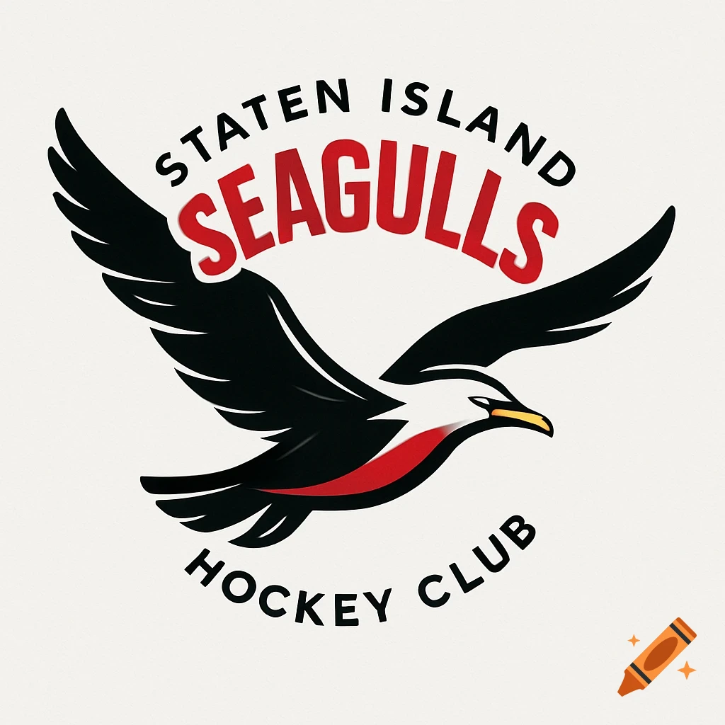 Logo for Staten Island Seagulls Hockey Club, featuring a black and white seagull in flight with red accents and bold text on a light background.