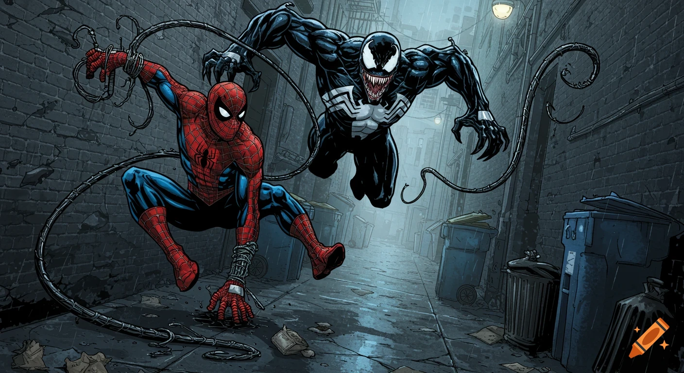 Spider-Man battles Venom in a dark alley, depicted in comic book art style.