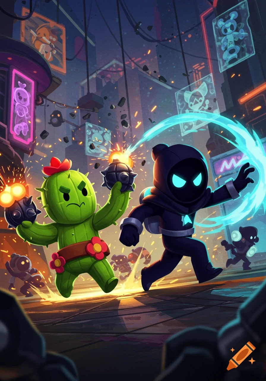 A cartoon cactus character and a hooded figure throw bombs amidst explosions and debris in a futuristic city setting.