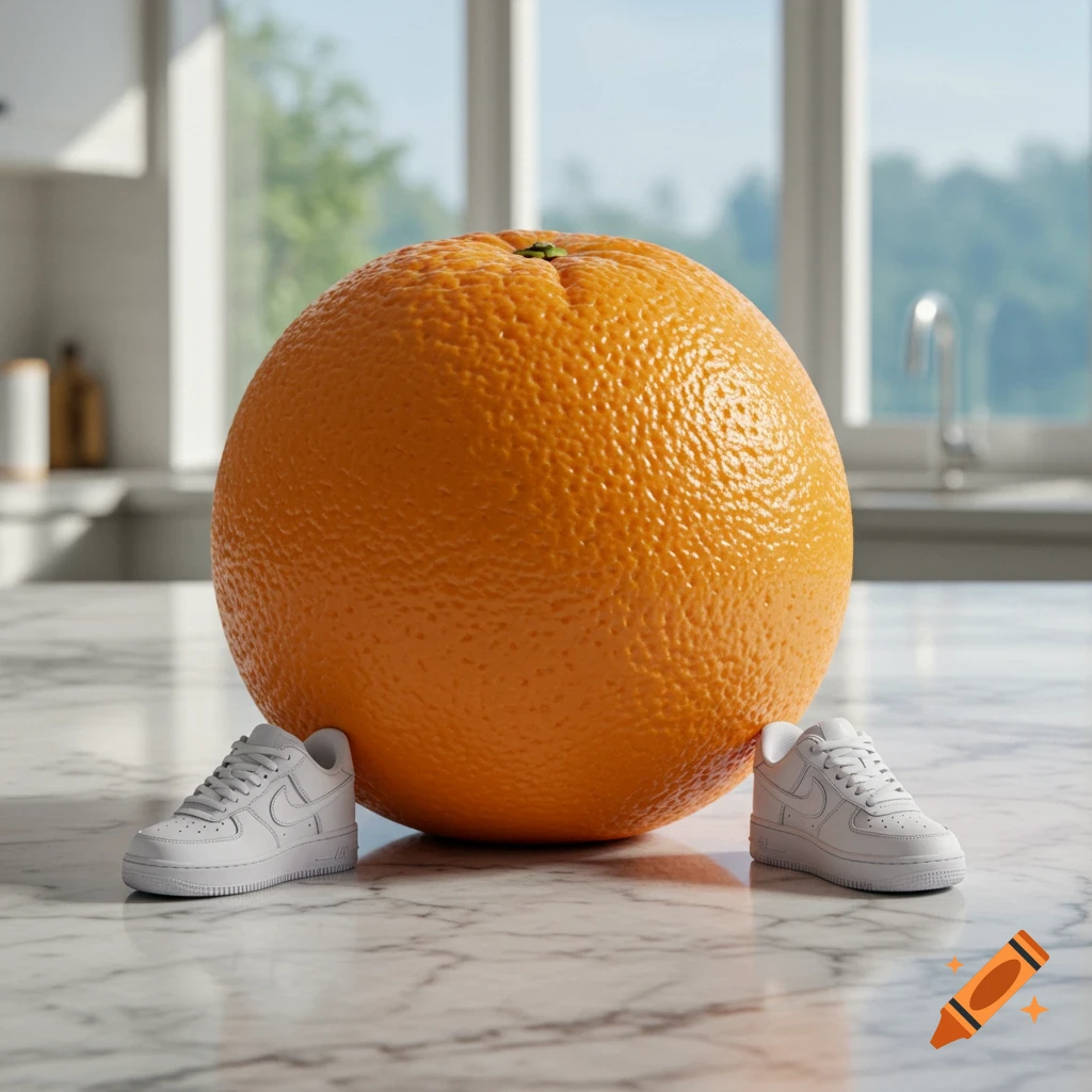 A giant, textured orange sits on a marble kitchen counter with a tiny white Nike Air Force 1 shoe on each side.