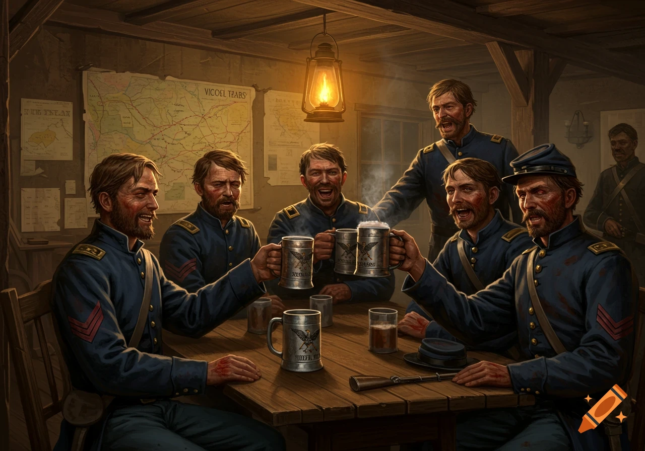 Union soldiers in blue uniforms drink from steins and mugs around a wooden table in a dimly lit tavern, celebrating.