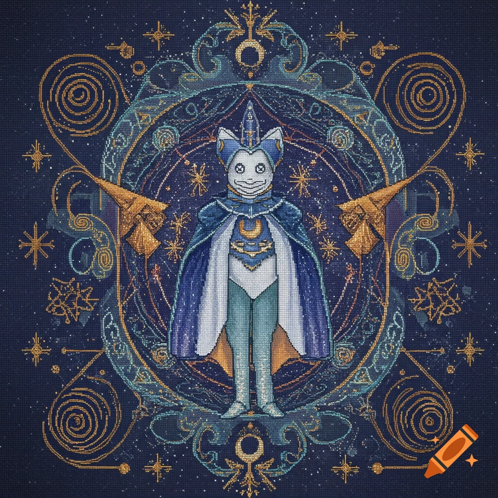 A cross-stitch embroidery of a cat-like character in a blue and white cape, surrounded by ornate golden and celestial patterns on a dark blue background.
