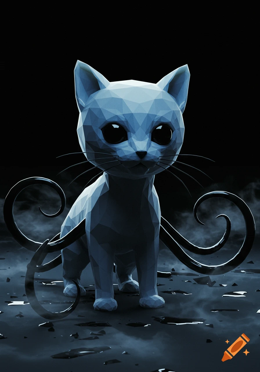 A blue low poly kitten with black tentacles stands on broken ground in a dark, stylized 3D render.