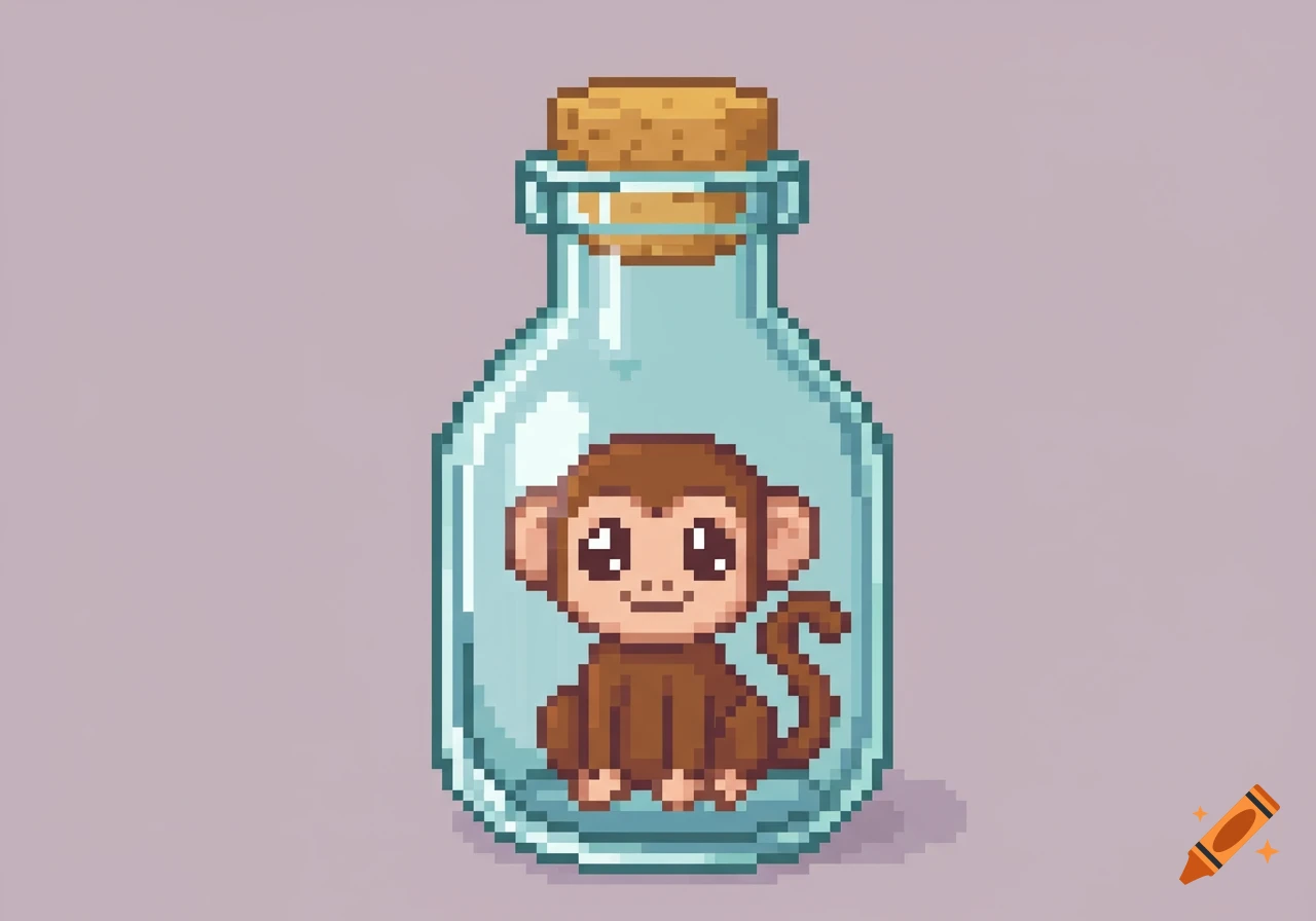 A cute pixel art monkey with big eyes sitting inside a transparent glass bottle, which is sealed with a cork.