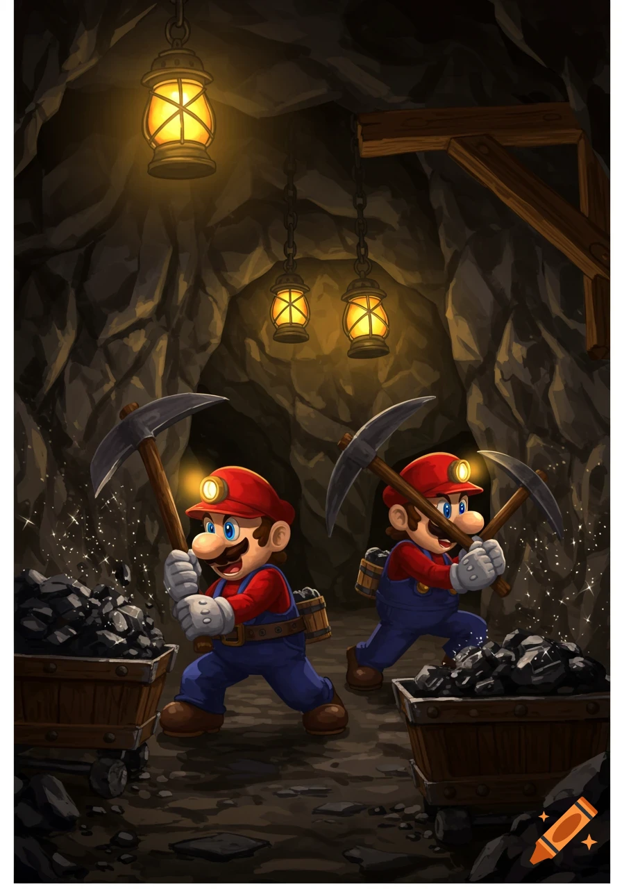 Two Marios with headlamps and pickaxes mine coal in a dimly lit underground cave, with mining carts full of coal and hanging lanterns.