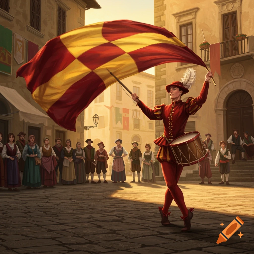 A person in historical red and gold attire with a drum and a large checkered flag dances in a cobblestone town square before a crowd.