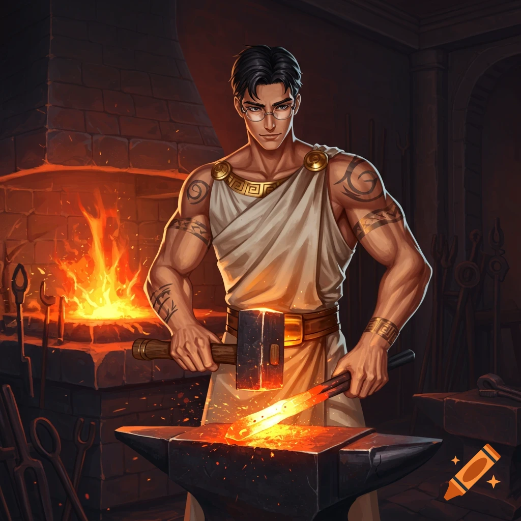 Anime-style man with glasses blacksmithing, hammering glowing metal on an anvil in a dark forge.
