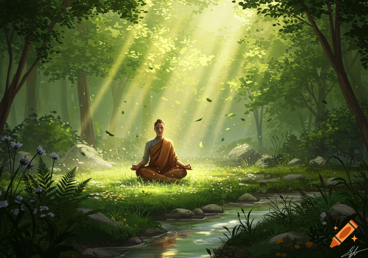 A person meditates in a sun-dappled forest clearing with wildflowers and a stream, digital painting.