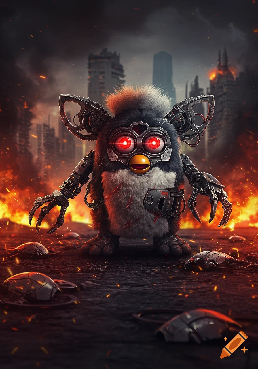 A robotic Furby with glowing red eyes and metallic limbs stands in a fiery, apocalyptic city ruins.