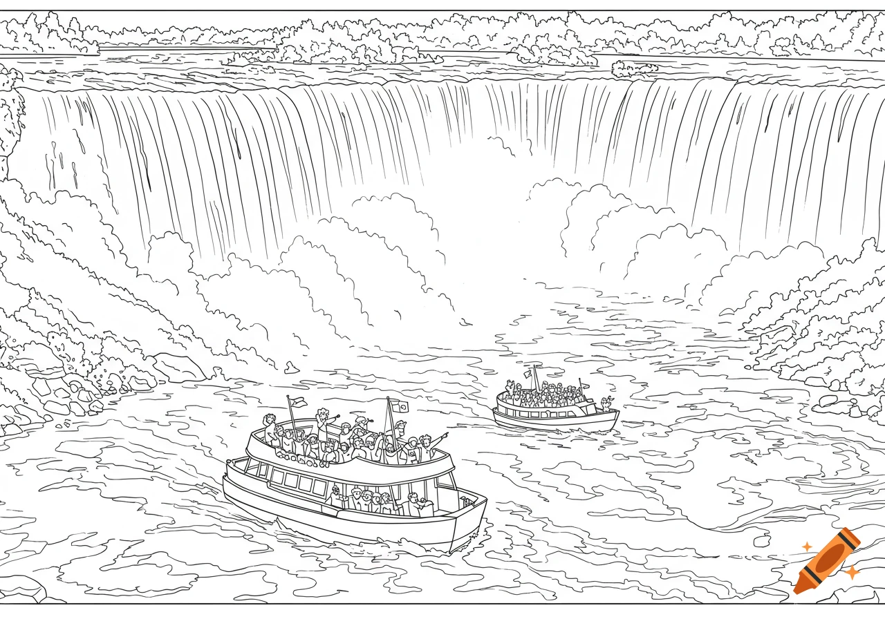 Black and white coloring page illustration of two tourist boats with people approaching a large waterfall, likely Niagara Falls.