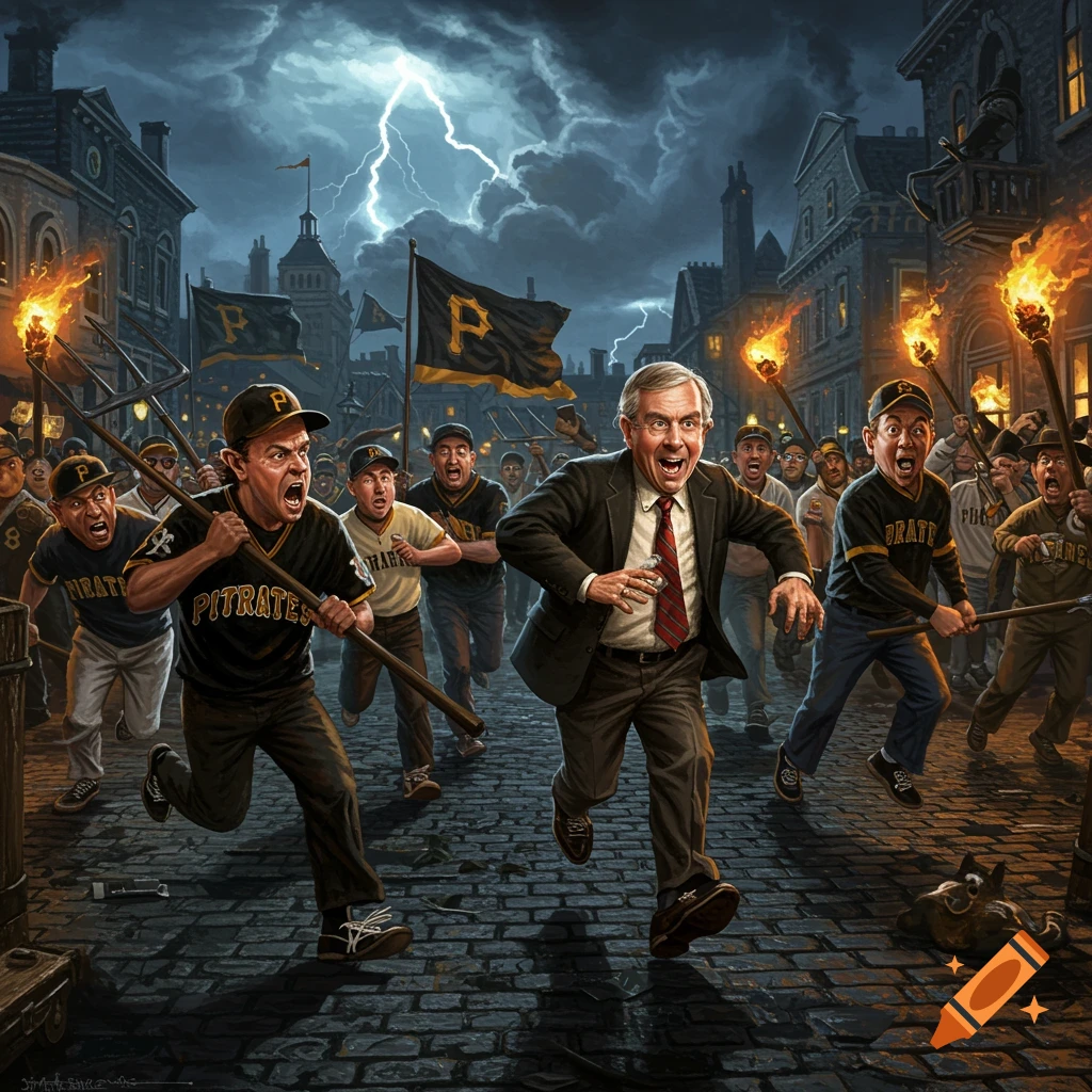 A dramatic illustration of angry Pirates baseball fans, armed with pitchforks and torches, chasing a man in a suit through a cobblestone street under a stormy, lightning-filled sky.