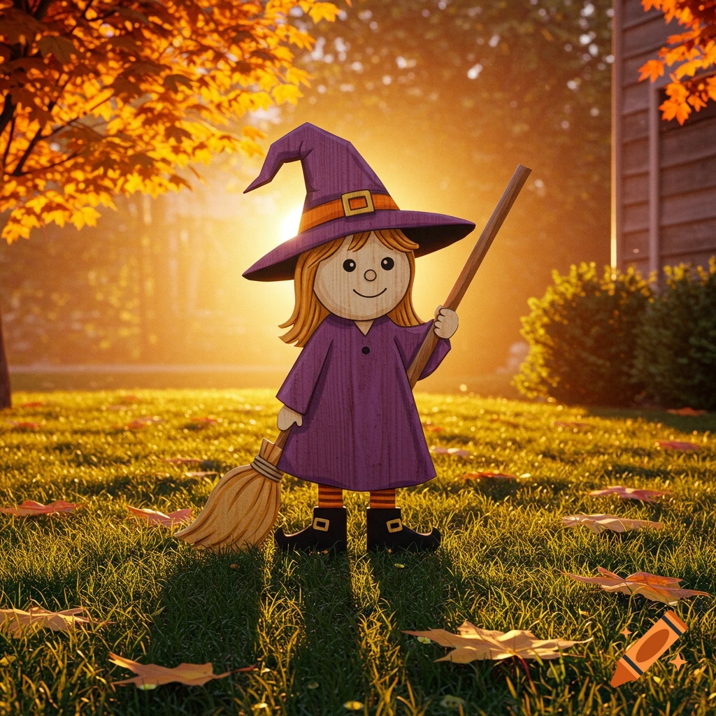 A cute wooden cartoon witch yard ornament stands in a sunlit autumn yard with fallen leaves.