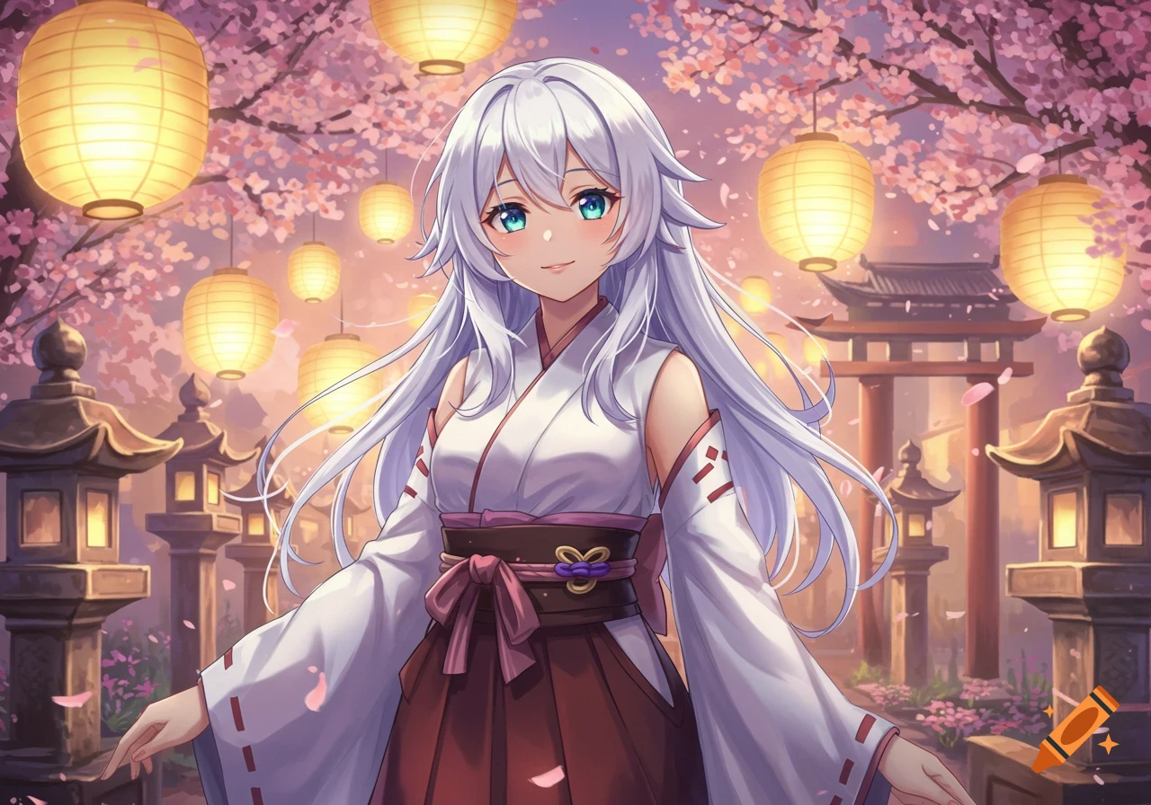 Anime girl with white hair and blue eyes in traditional Japanese attire, smiling amidst cherry blossoms and glowing lanterns.