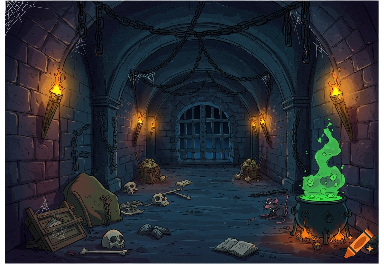 Cartoon dungeon interior with lit torches, hanging chains, skulls, bones, a bubbling green cauldron, and a barred door.