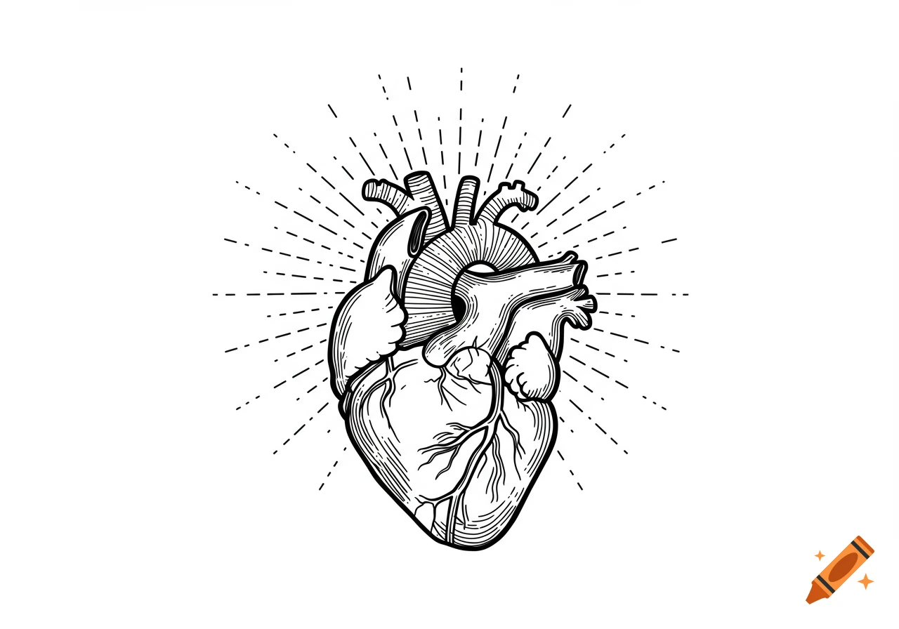A black and white line art illustration of an anatomical heart with a sunburst behind it.