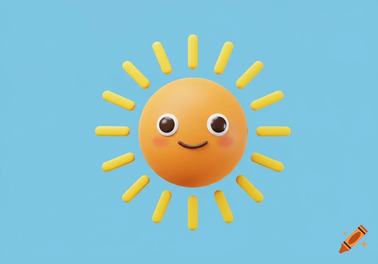 A minimalist cartoon sun with a happy face against a blue background.