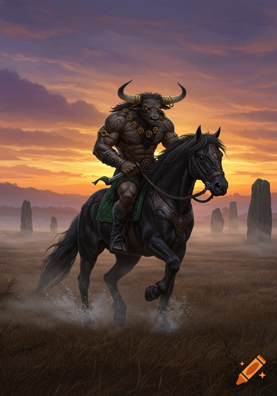 A muscular minotaur with glowing eyes rides a black horse through a field with standing stones at sunset, digital art.