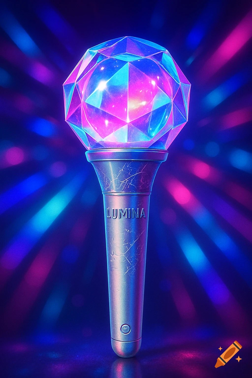 A glowing lightstick with a multifaceted crystal top, radiating pink and blue light, with 'LUMINA' embossed on its silver handle.