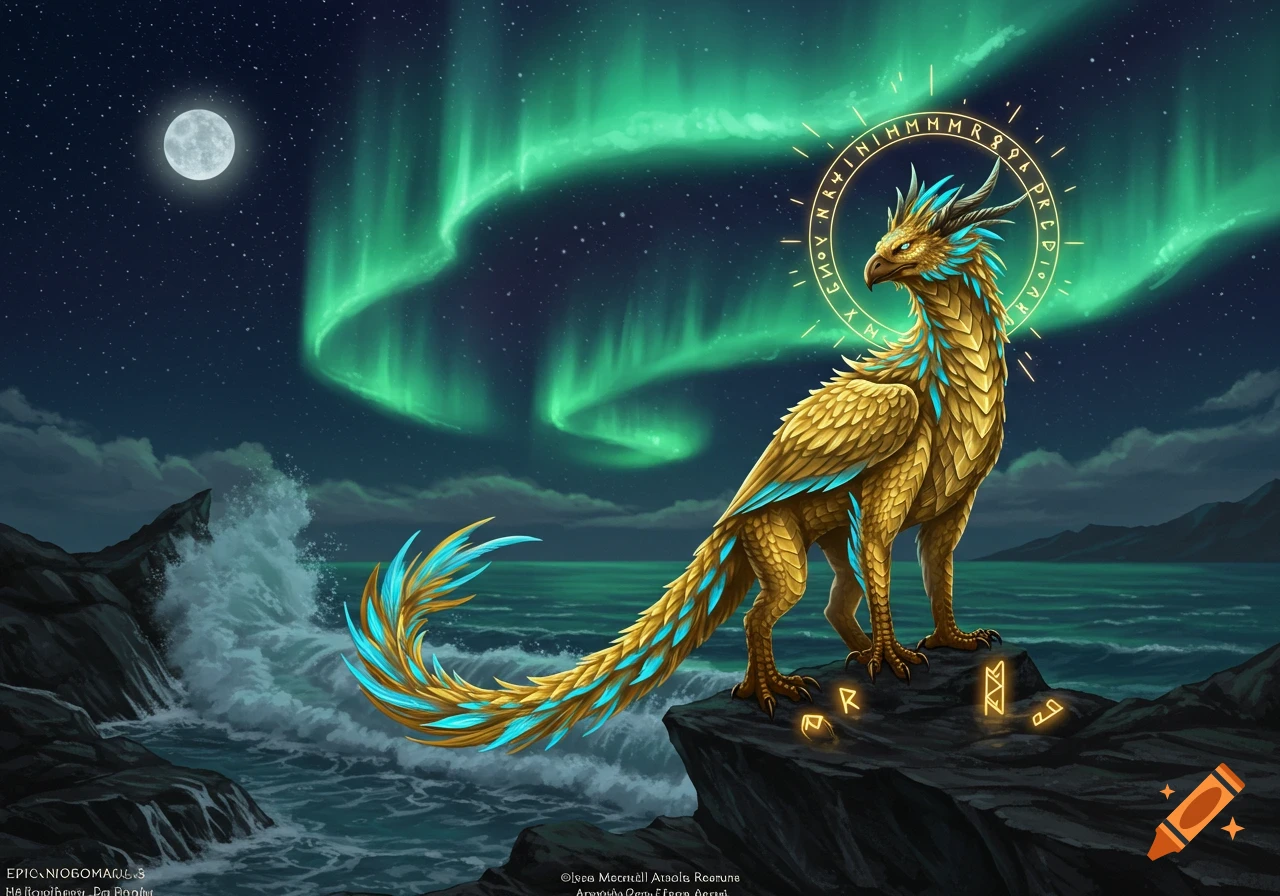 A golden griffin-like creature with blue accents stands on rocks under a green aurora borealis and full moon.