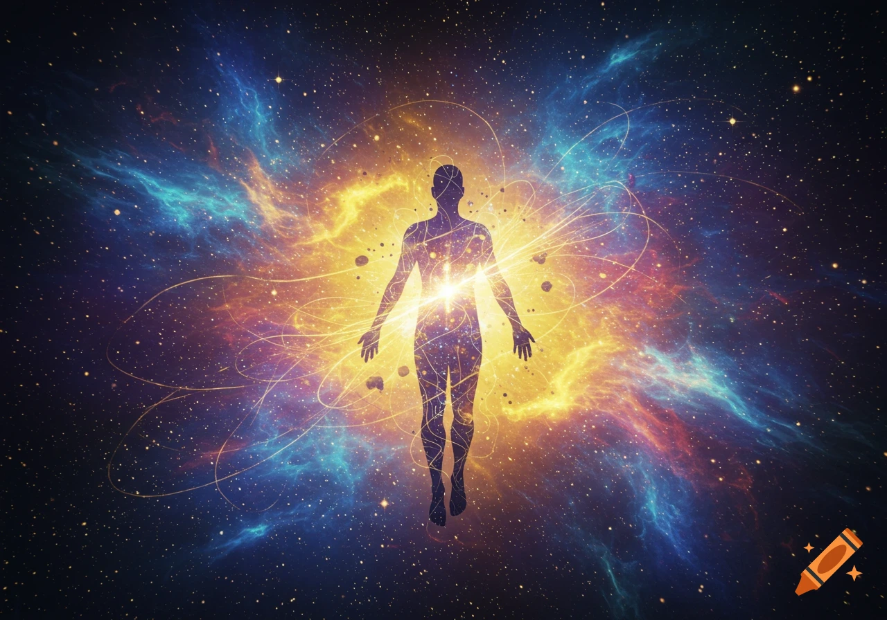 A glowing human silhouette floats in a cosmic expanse filled with vibrant nebulae and stars.
