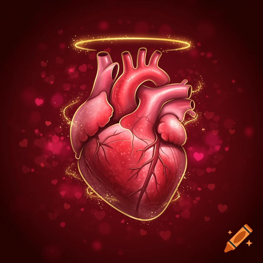 A stylized anatomical human heart with a golden halo against a red background with bokeh hearts and golden sparkles.