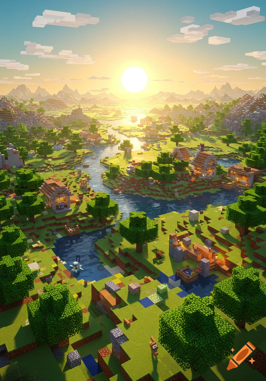 An aerial view of a vibrant Minecraft landscape at sunset, featuring a river, villages, and trees under a clear sky.