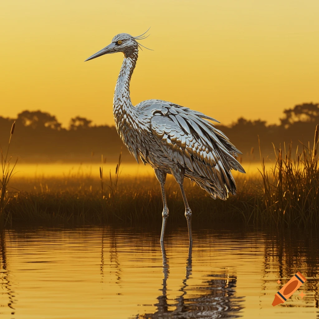 A majestic metallic heron-like bird stands in golden-lit water at sunset, with a misty wetland background.
