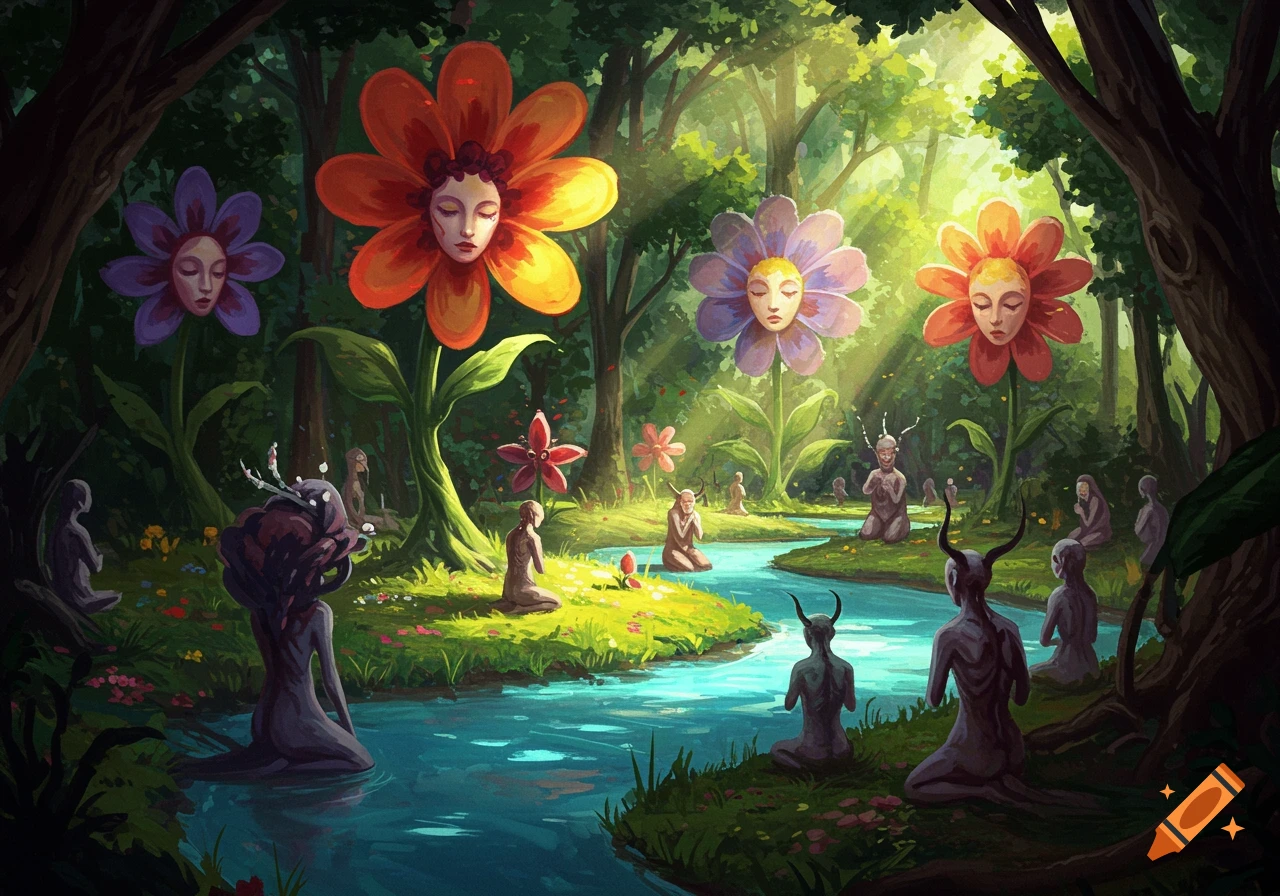 A surrealist painting depicts a mystical forest with a blue river, giant flowers with human faces, and humanoid creatures meditating on the banks.