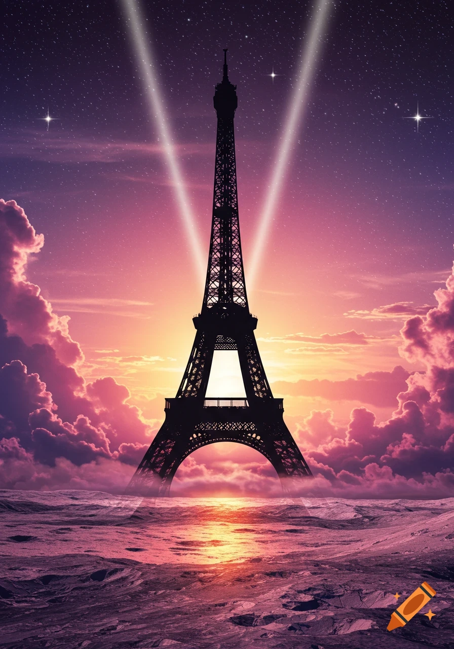 Silhouetted Eiffel Tower on a cratered moon surface under a vibrant pink and orange sunset sky with stars and light beams.