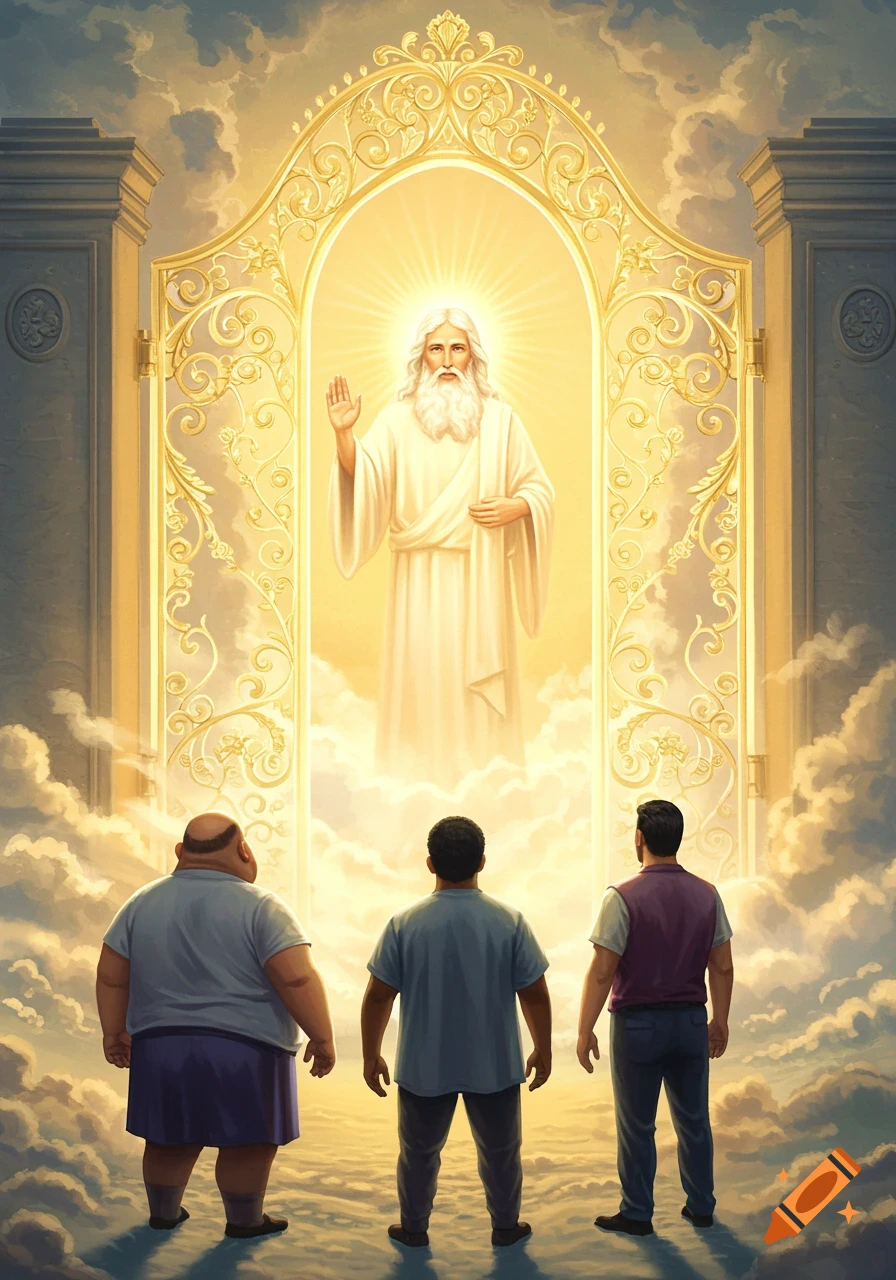 Three men look up at a glowing, white-robed figure resembling God in a golden archway in the heavens.