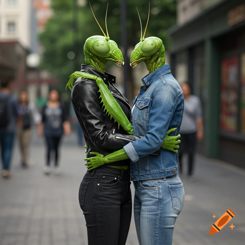 Two photorealistic mantis-like female humanoids wearing jackets and jeans embrace on a city street.
