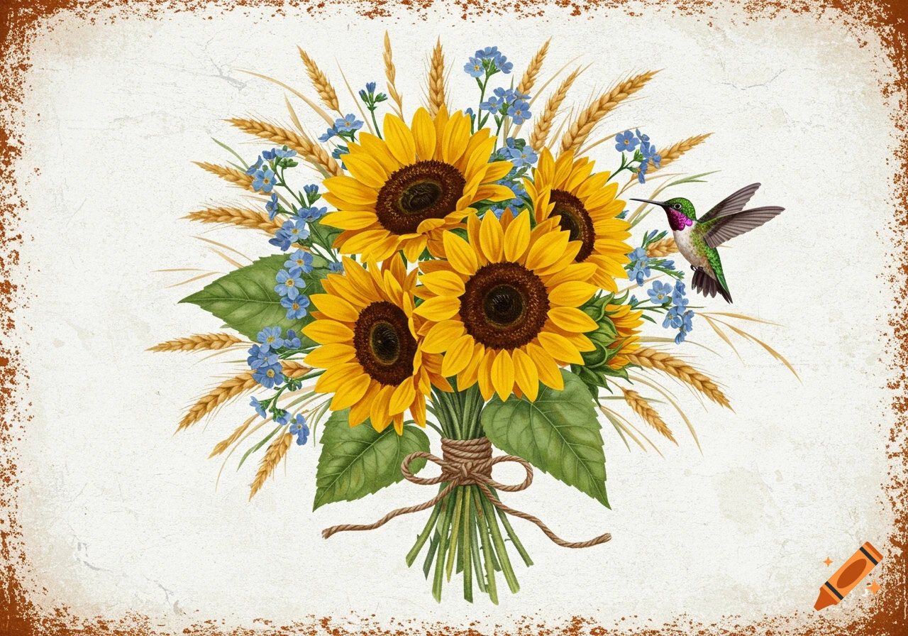 A vintage-style illustration of a bouquet with sunflowers, blue wildflowers, wheat, and green leaves tied with twine, on a distressed white background. A hummingbird hovers nearby.