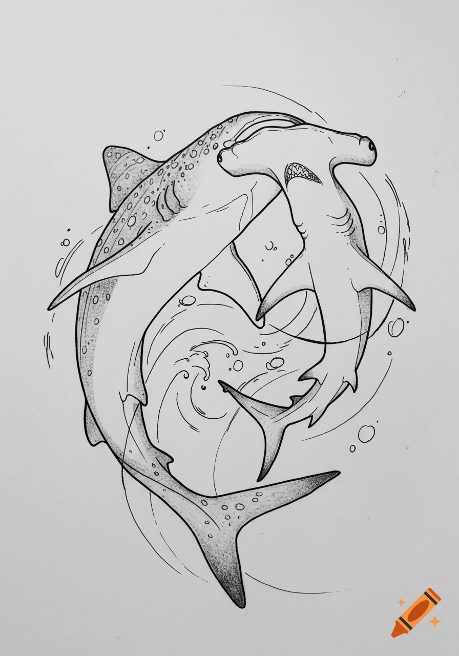 Black and white sketch of a whale shark and a hammerhead shark swimming in a circular pattern, suitable for a tattoo design.