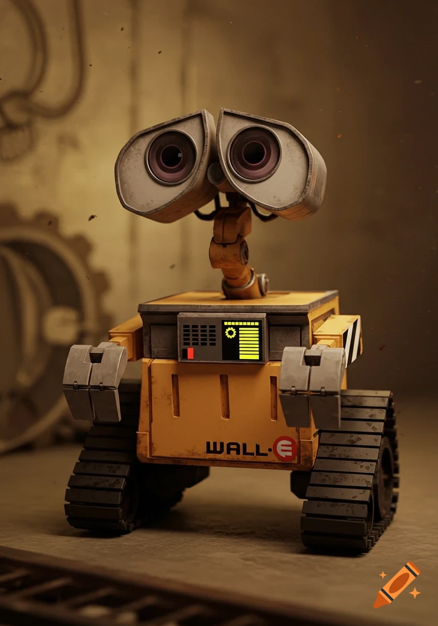 A detailed front view of the robot WALL-E, looking worn and tired against a dusty, industrial background.