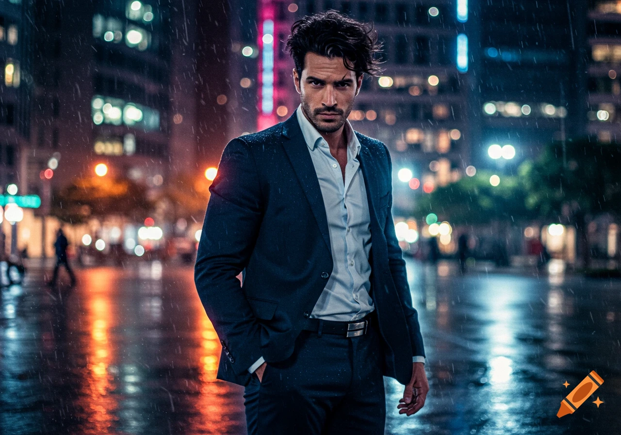 Photorealistic image of a handsome man in a suit on a rainy city street at night.