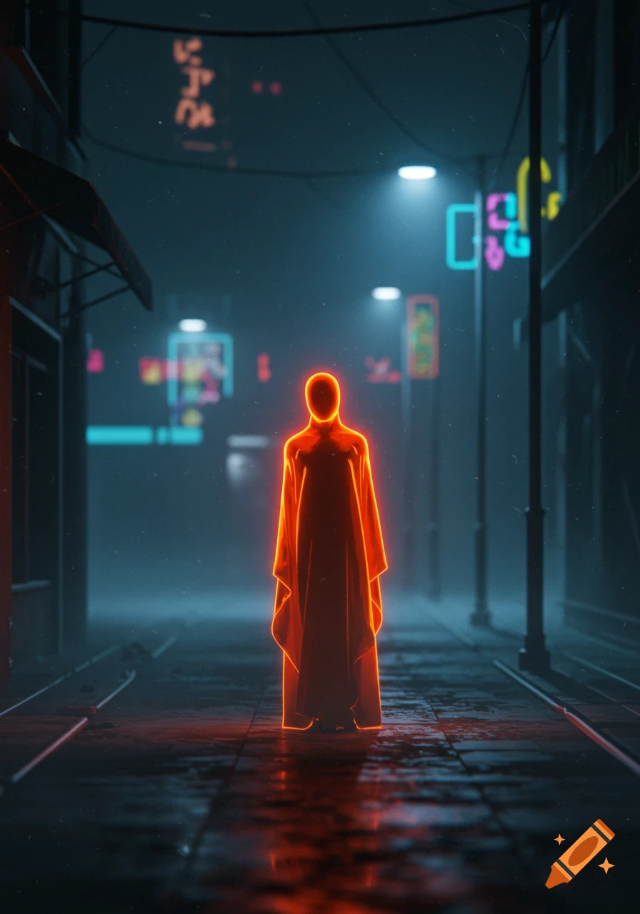 A glowing orange figure stands on a wet, dark city street at night, surrounded by neon signs and atmospheric fog.