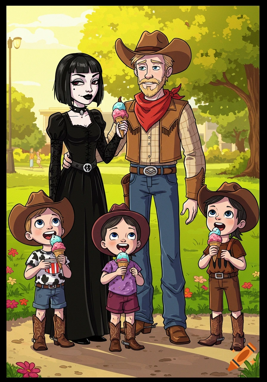 A cartoon family, including a goth mother, a cowboy father, and three children in western-style clothes, holds ice cream cones in a sunny park.
