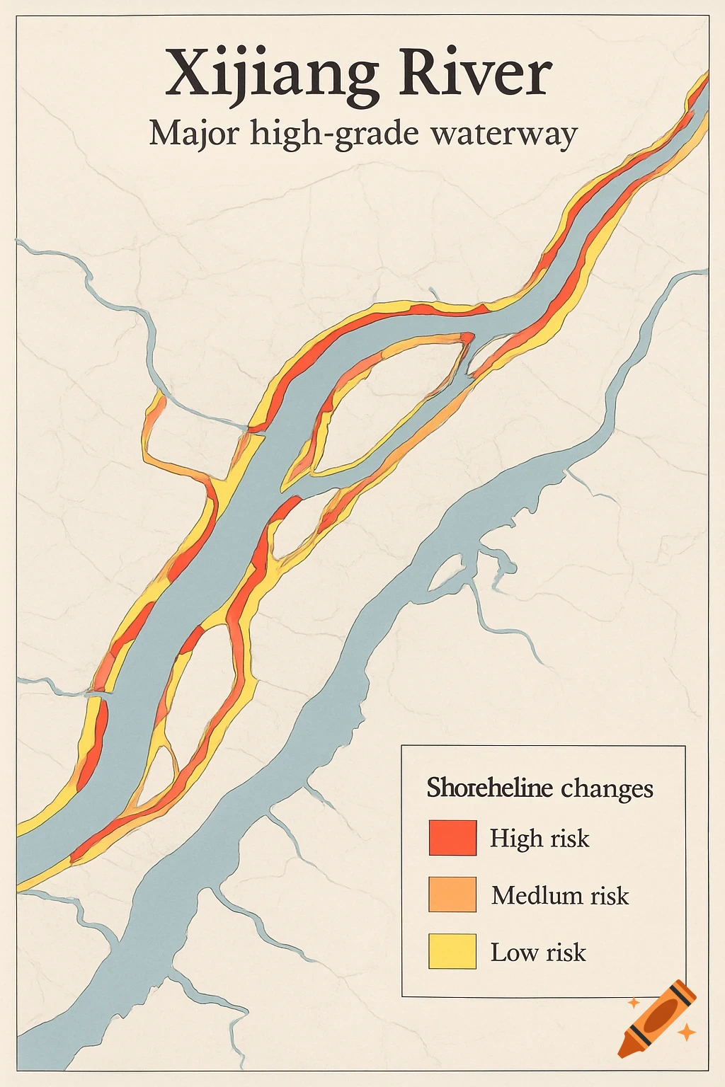 A map showing the Xijiang River with sections colored red, orange, and yellow to indicate high, medium, and low risk shoreline changes, respectively. A legend in the bottom right corner explains the color coding.