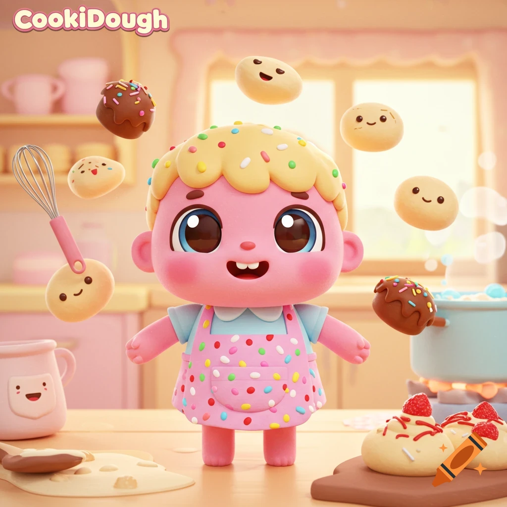 A cute pink cartoon character with sprinkle hair and an apron bakes in a kitchen, surrounded by floating smiling cookies and baking tools.