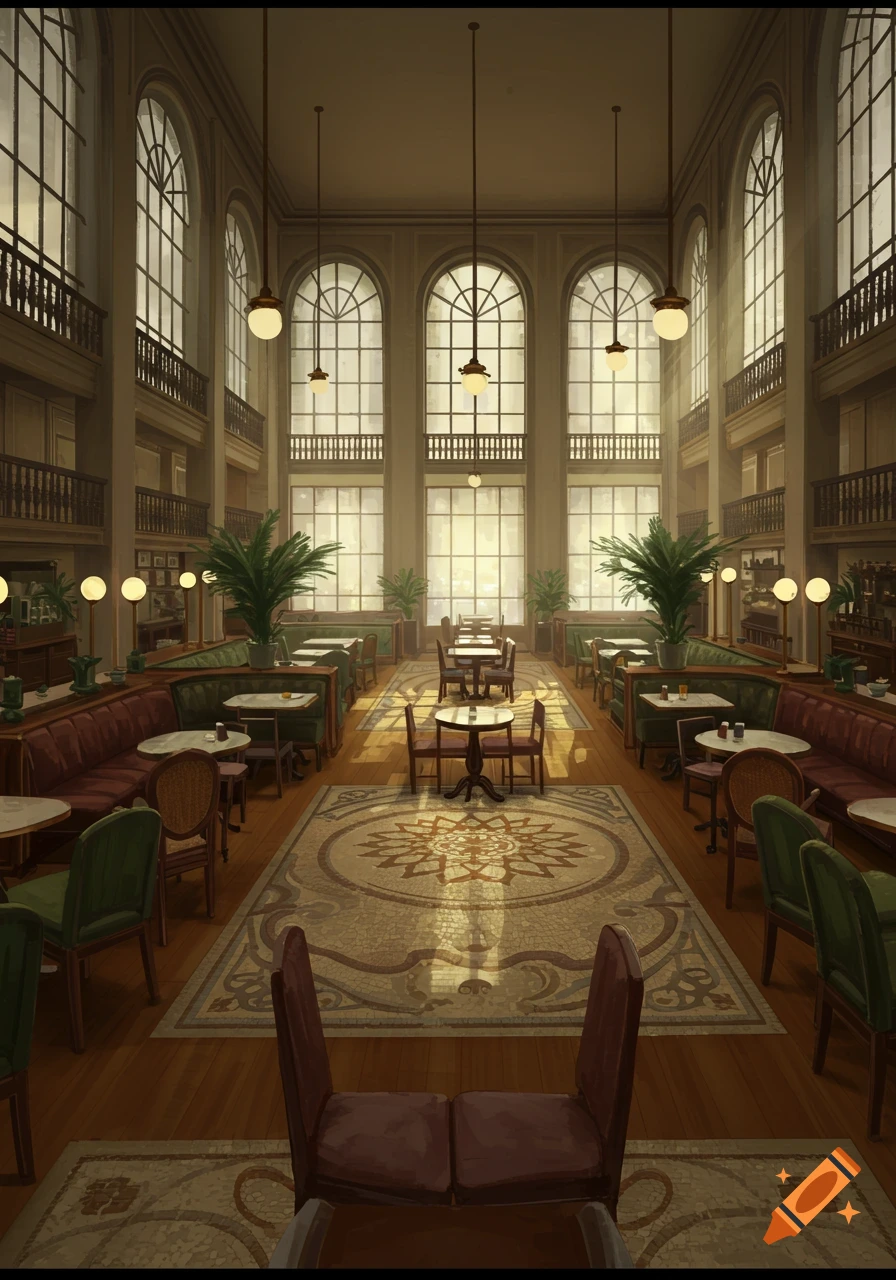 A grand, spacious cafe interior with high ceilings, large arched windows, green booths, and round tables with chairs.