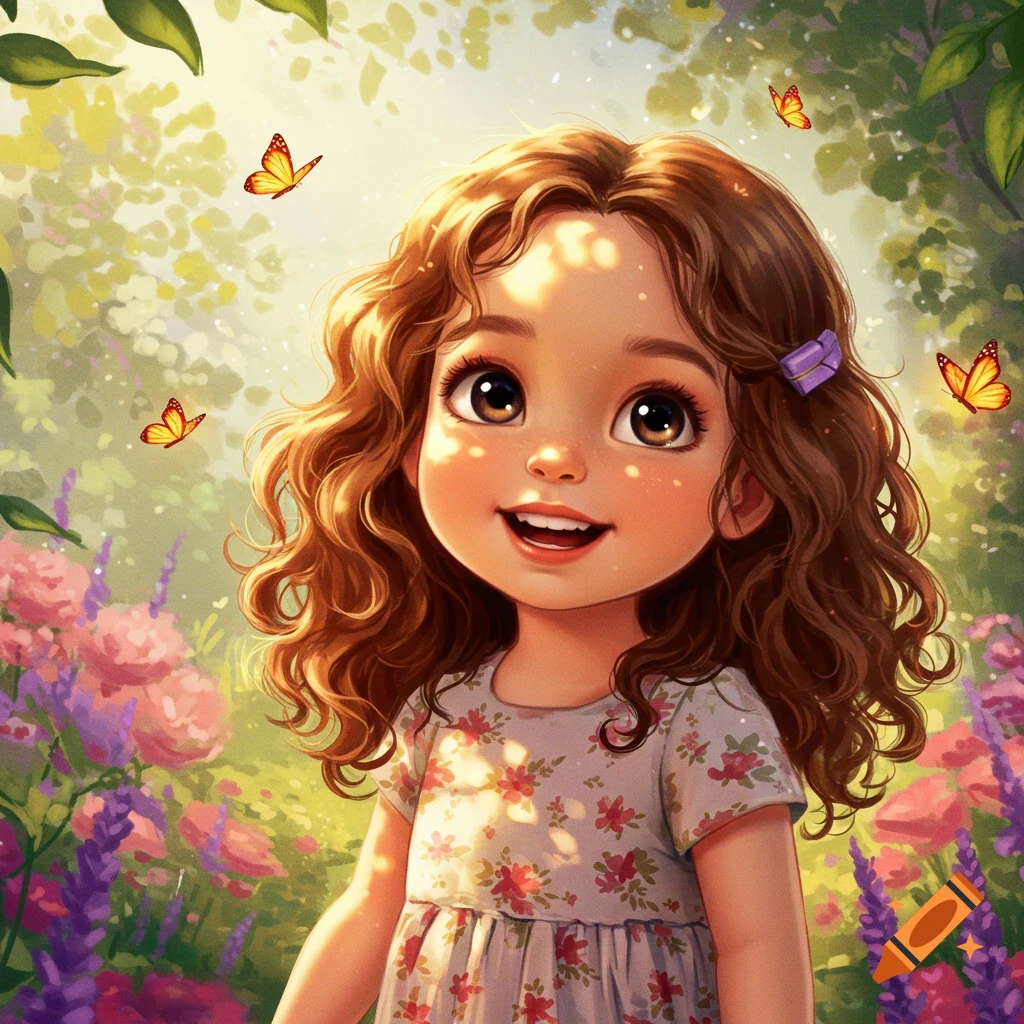 A cute cartoon girl with curly brown hair smiles in a sunny, vibrant garden with flowers and butterflies.